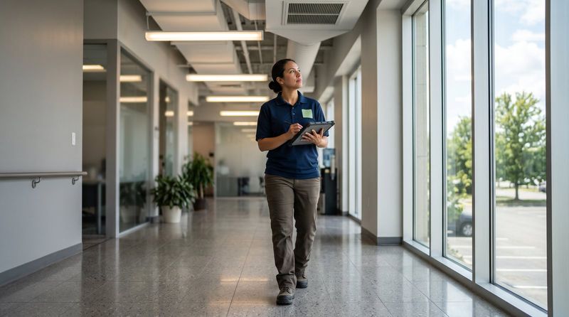 Supervisor inspecting a commercial corridor with a tablet