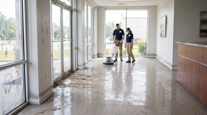 Office lobby floor before strip and wax