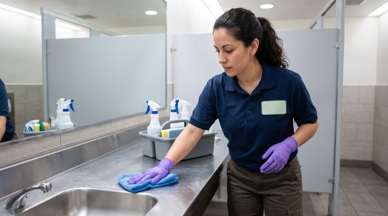 Crew member sanitizing a commercial restroom counter