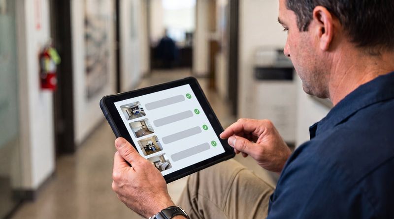 Supervisor reviewing a photo report on a tablet
