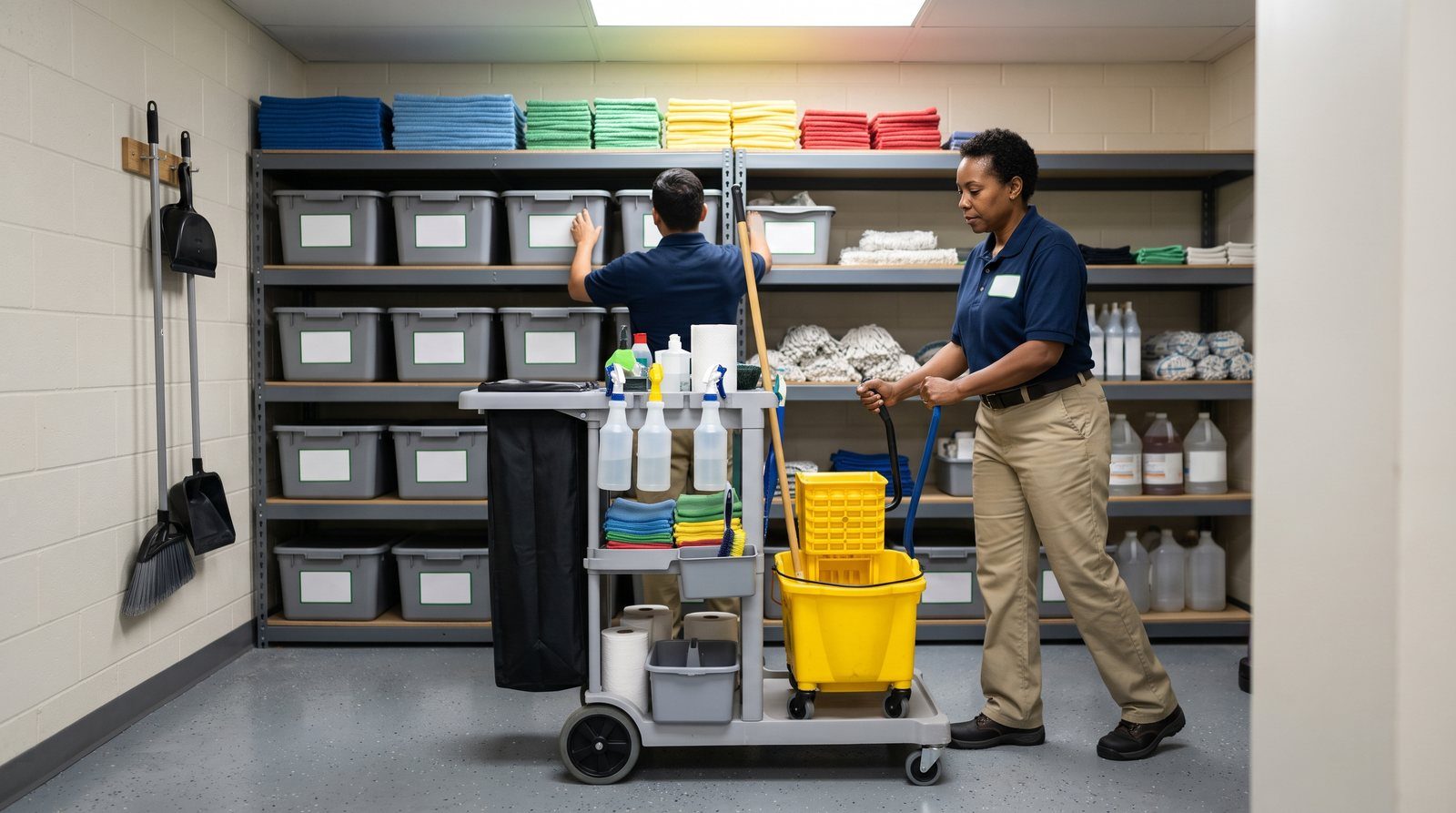 Stocked janitorial supply closet and cleaning cart